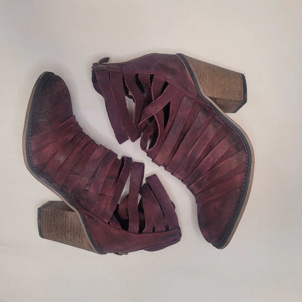 Free People Leather Wine Strappy Stack Heel Booties